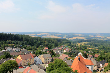 Fototapeta premium Panoramic top view of the village of Lipnice above Sazava in the Czech Republic and the Church