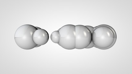 3D illustration of many white balls in space, arranged randomly. Abstract image of round objects connected to each other. Isolated on white background. 3D rendering