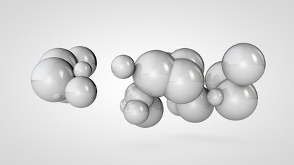 3D illustration of many white balls in space, arranged randomly. Abstract image of round objects connected to each other. Isolated on white background. 3D rendering