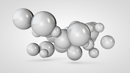 3D illustration of many white balls in space, arranged randomly. Abstract image of round objects connected to each other. Isolated on white background. 3D rendering