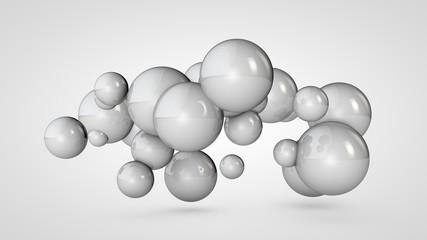 3D illustration of many white balls in space, arranged randomly. Abstract image of round objects connected to each other. Isolated on white background. 3D rendering