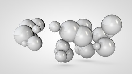 3D illustration of many white balls in space, arranged randomly. Abstract image of round objects connected to each other. Isolated on white background. 3D rendering