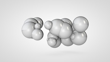 3D illustration of many white balls in space, arranged randomly. Abstract image of round objects connected to each other. Isolated on white background. 3D rendering