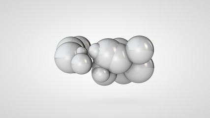3D illustration of many white balls in space, arranged randomly. Abstract image of round objects connected to each other. Isolated on white background. 3D rendering