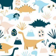 Cute dinosaurs seamless pattern. Kids design colorful background.