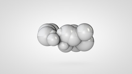 3D illustration of many white balls in space, arranged randomly. Abstract image of round objects connected to each other. Isolated on white background. 3D rendering