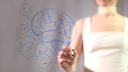 girl draws on the Board. Emotional intelligence, Intellectual map. mind map. education. online school. white dress. paint to the brain. draws the brain and emoticons