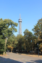 The Petrin tower up on the hill in Prague Czech Republic