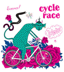 Summer Cycle Race. Humorous tee shirt print. Placard with stylized flames. Cartoon green heck dragon in pink cycling gloves, riding a bicycle near rose flowers on white background. Poster, book cover