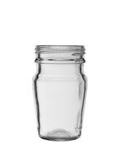 empty glass jar with a carving without cover isolated on a white background