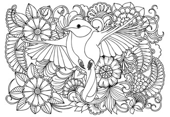  Bird and flowers  in monocrome colors.Vector black and white colorin page for colouring book. Doodles pattern