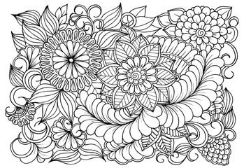 Vector black and white colorin page for colouring book. Leafs and flowers  in monocrome colors. Doodles pattern