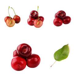 Sweet cherry set isolated on white background. Set includes cherry and green leaf cherry