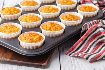 Making of homemade pumpkin muffins, in a baking pan