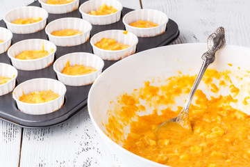 Making of homemade pumpkin muffins, in a baking pan