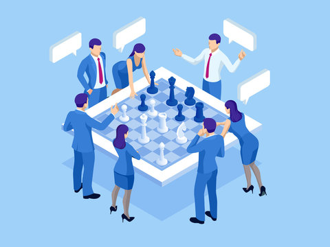 Business strategy concept. Isometric businessmen and women playing chess game reaching to plan strategy for success. Achieving goals business strategy for win, management or leadership.