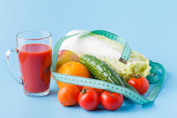 vegetables and a glass of tomato juice, healthy food