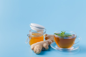 Cup of ginger tea with lemon. Copyspace