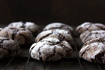 Chocolate Crinkle Cookies in powdered sugar and Christmas decoration, rustic style