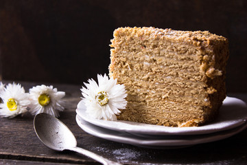 CakeLayered honey cake on black plate. Russian Medovik cake with many biscuit layers and custard cream honey