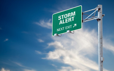 3D rendering highway sign and message about storm alert