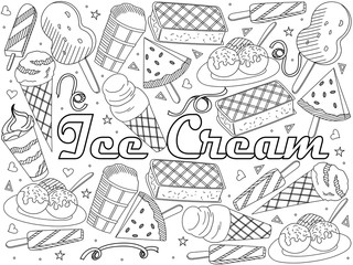 Objects of linear art on a white background. Theme of public catering, summer vacation, a set of various ice-cream raster