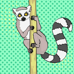 ring-tailed lemur. Pop art background. An animal cats lemur on a branch of bamboo, wood. Raster © toricheks