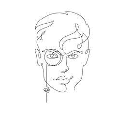Continuous one line drawing. Abstract portrait of young man in pince-nez in minimalistic style