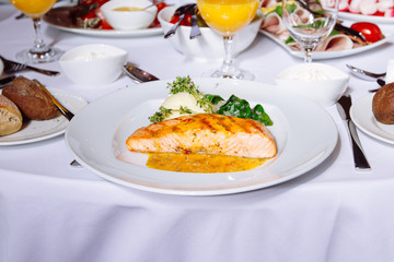 Grilled Salmon Steak with Spinach,Mash potato, souse