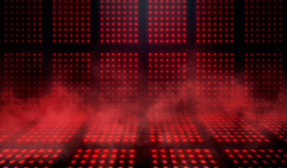 Fototapety  Empty scene background. Dark background of empty room, neon red light, concrete floor, smoke