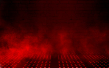 Empty scene background. Dark background of empty room, neon red light, concrete floor, smoke - 257733634
