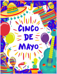 Cinco de Mayo Vector Poster Of Fiesta Elements. Mexican Attributes Sombreros, a Guitar, Cactus and decoration. Vector illustration