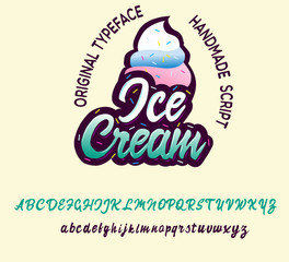 Ice cream. Colorful sticker. Handmade script font. Modern ice cream style.