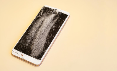 Modern smartphone with highly broken screen isolated on light background. Free space.