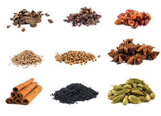 Set of spices and food ingredients in heaps isolated on white background