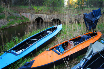 Kayak on the nature in the forest. Kayaking trip.