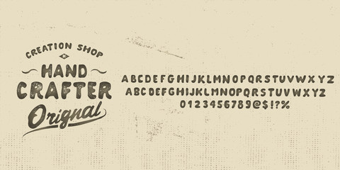 Hand Crafter. Original hand made typeface. Handmade logo and font. Old school. Retro and vintage hadmade logo and font. Print on clothes, sticker.