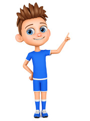 Character cartoon boy athlete points to a blank space on a white background. 3d rendering. Illustration for advertising.