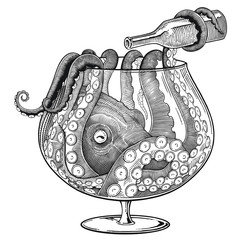 Black and white vector drawing of octopus with bottle sitting in a big glass