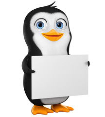 Cartoon penguin character with empty board on white background. 3d rendering illustration.