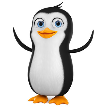 Cartoon penguin character with raised wings on a white background. Greeting. 3d rendering illustration.