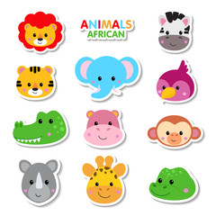 Cute set of cartoon animals stickers. Vector illustration of African animals