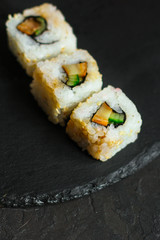 sushi rolls. Fresh and delicious portion - Sushi menu. Japanese food. food background. Top