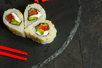 sushi rolls. Fresh and delicious portion - Sushi menu. Japanese food. food background. Top