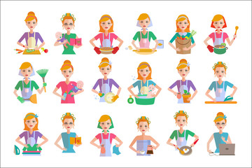 Flat vector set of housewife icons. Woman doing housework cooking, shopping, taking care of baby, cleaning, ironing clothes, working