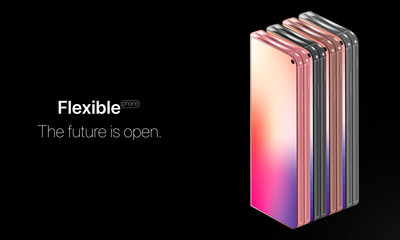 Flexible phones. Concept new technology in phone industries. Flexible display of mobile phone bended hanging over table. New technology transforming phone into a tablet. Illustration smart device.