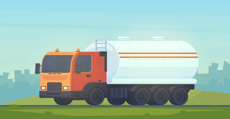 Tank truck transportation, oil, gasoline to gas stations, water and liquid substances. Car with a reservoir for fluid.