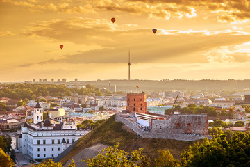 Vilnius, Lithuania. Beautiful panorama of Vilnius old town on sunset. Gediminas castle (Gedimino tower) on hill