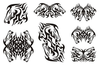  Flaming horse head design elements. Abstract symbols in the form of the horse head, the butterflies formed from it for a tattoo, an embroidery, etc.