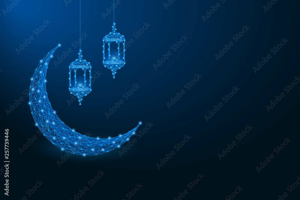 Aufkleber Ramadan Kareem background with low poly crescent and lantern made by polygonal wireframe mesh. Vector illustration.